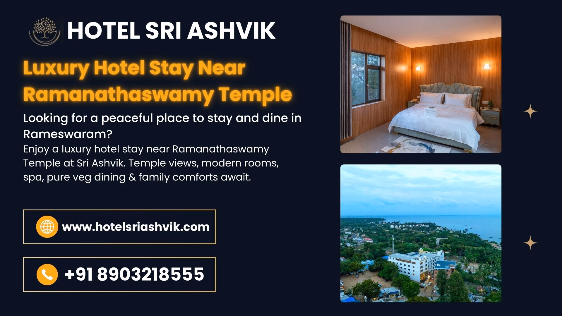 Hotel Sri Ashvik luxury room with sea and temple view near Ramanathaswamy Temple in Rameswaram