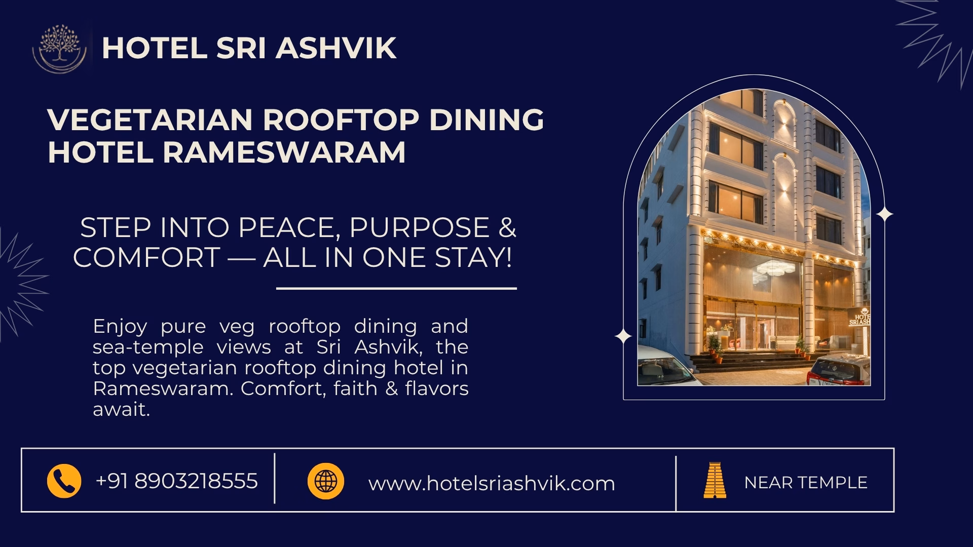 Hotel Sri Ashvik exterior view showcasing a vegetarian rooftop dining hotel in Rameswaram near the temple